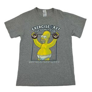 Vintage Homer Simpson Donut Curl Exercise T-Shirt Men's Size M Gray Cotton 2002